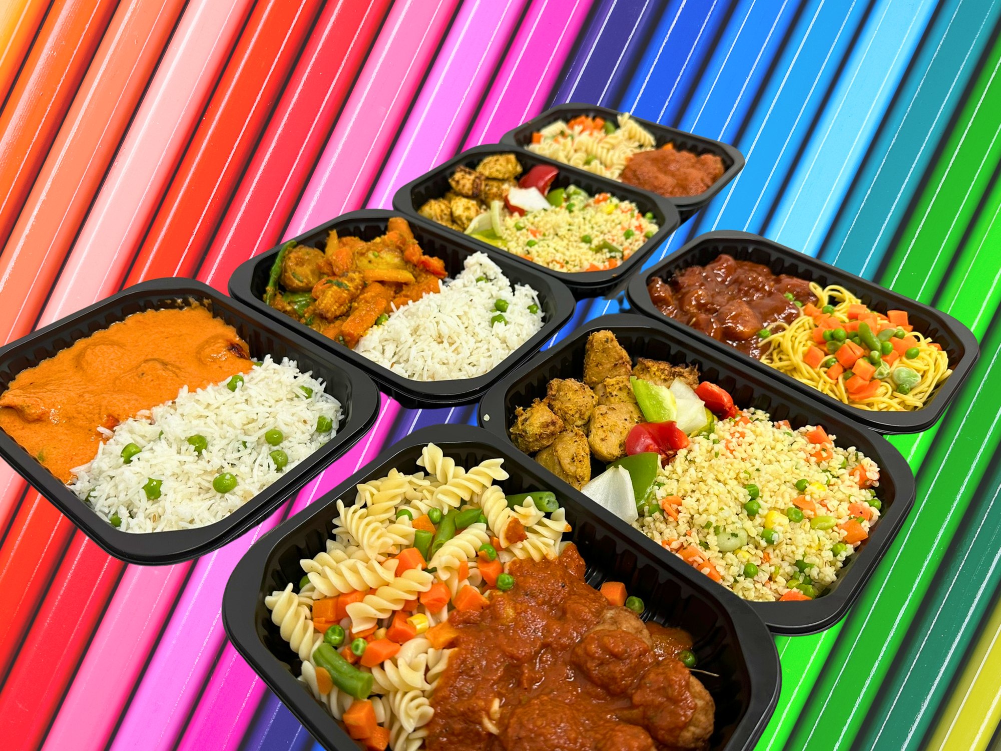 A range of HAF meals in sealed trays of curries, rice, pasta, couscous and noodles