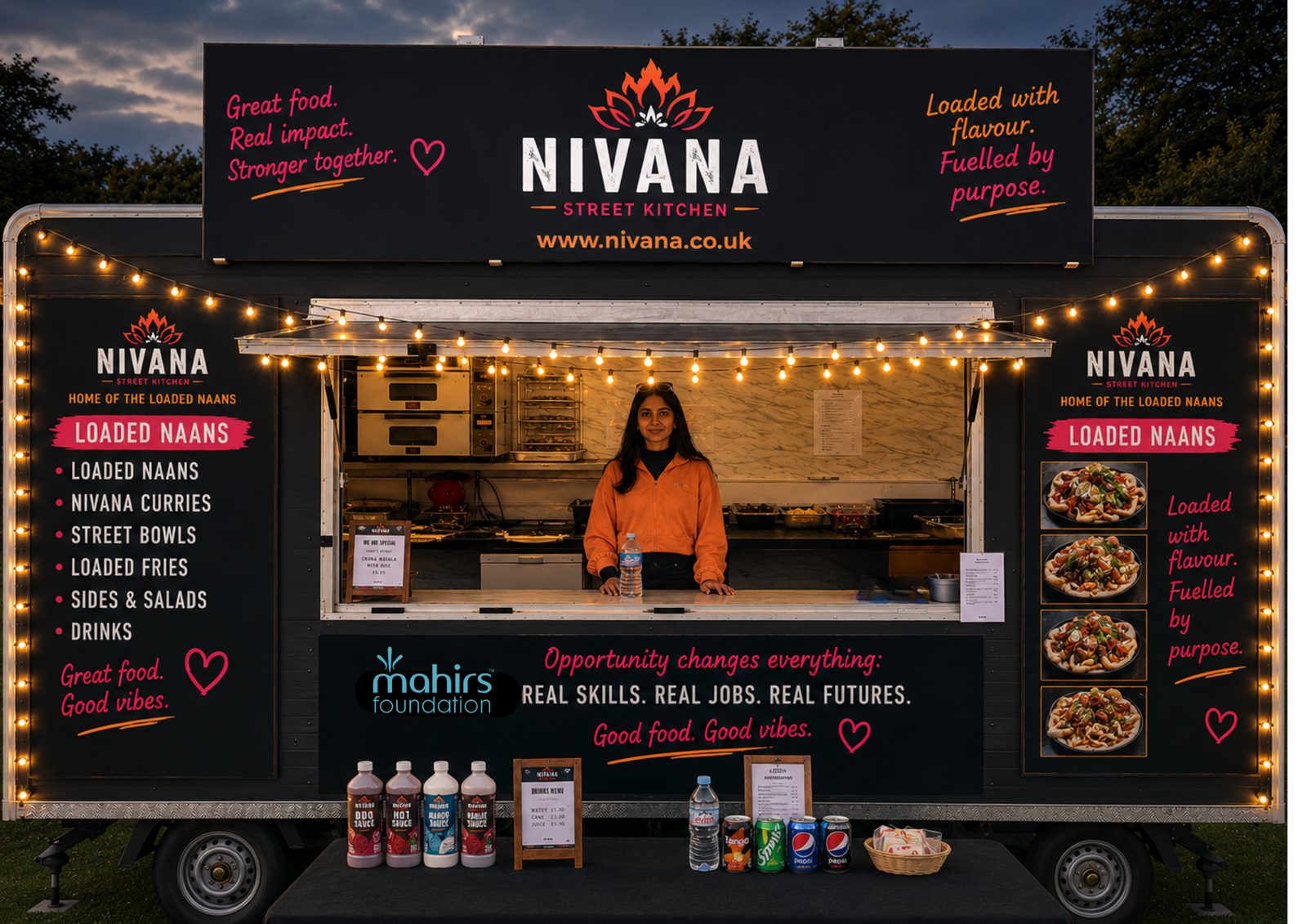 The Nivana Street Kitchen 14ft food trailer lit up at dusk, fully branded and serving on site