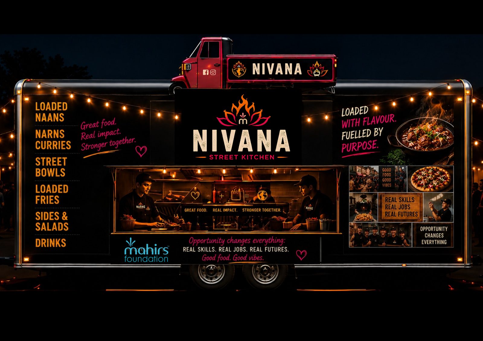 Nivana Street Kitchen trailer with the pink Piaggio Ape tuk tuk and chefs cooking live